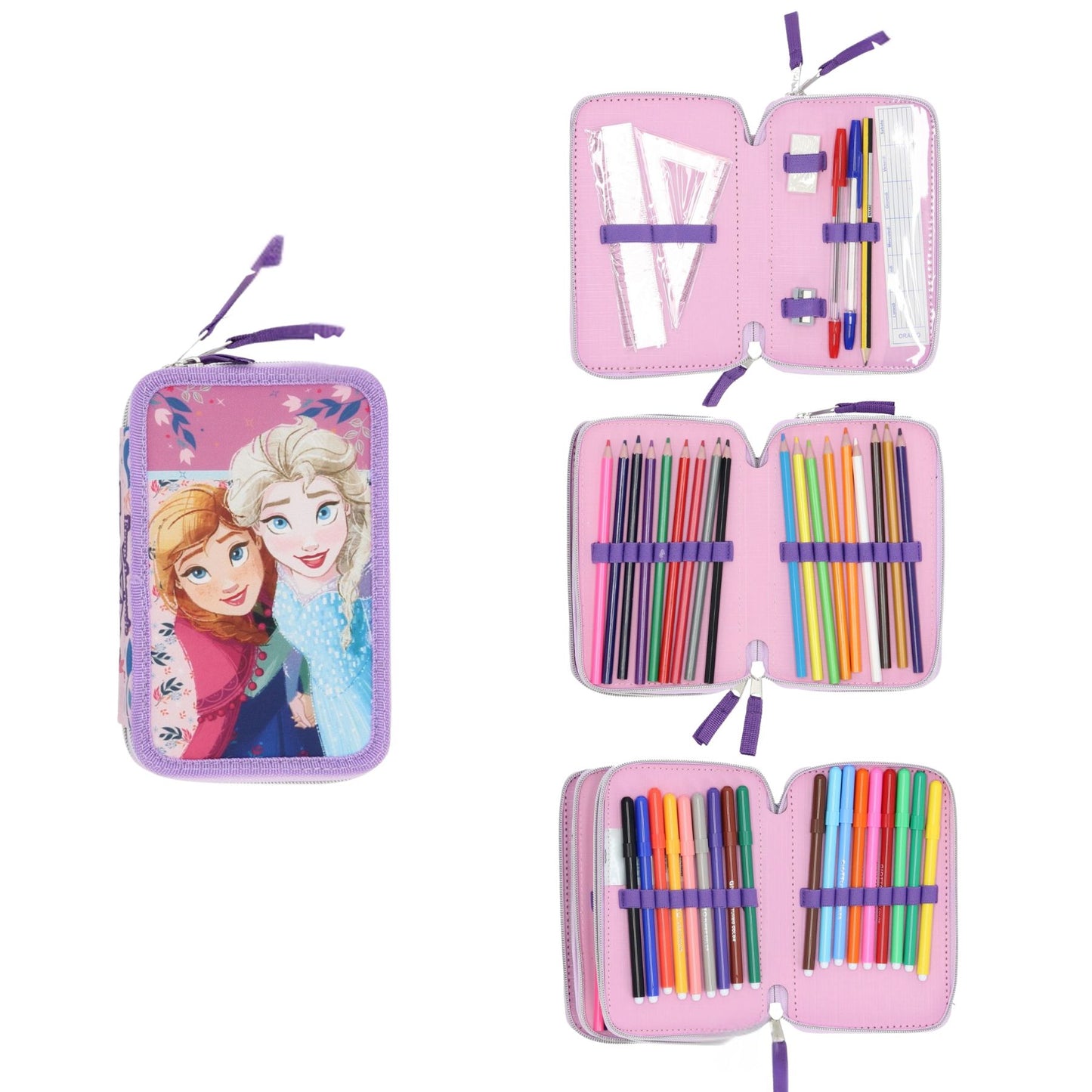 Disney Frozen Federmäppchen Kinder 44 teilig gefüllt in Lila für Schule und Freizeit