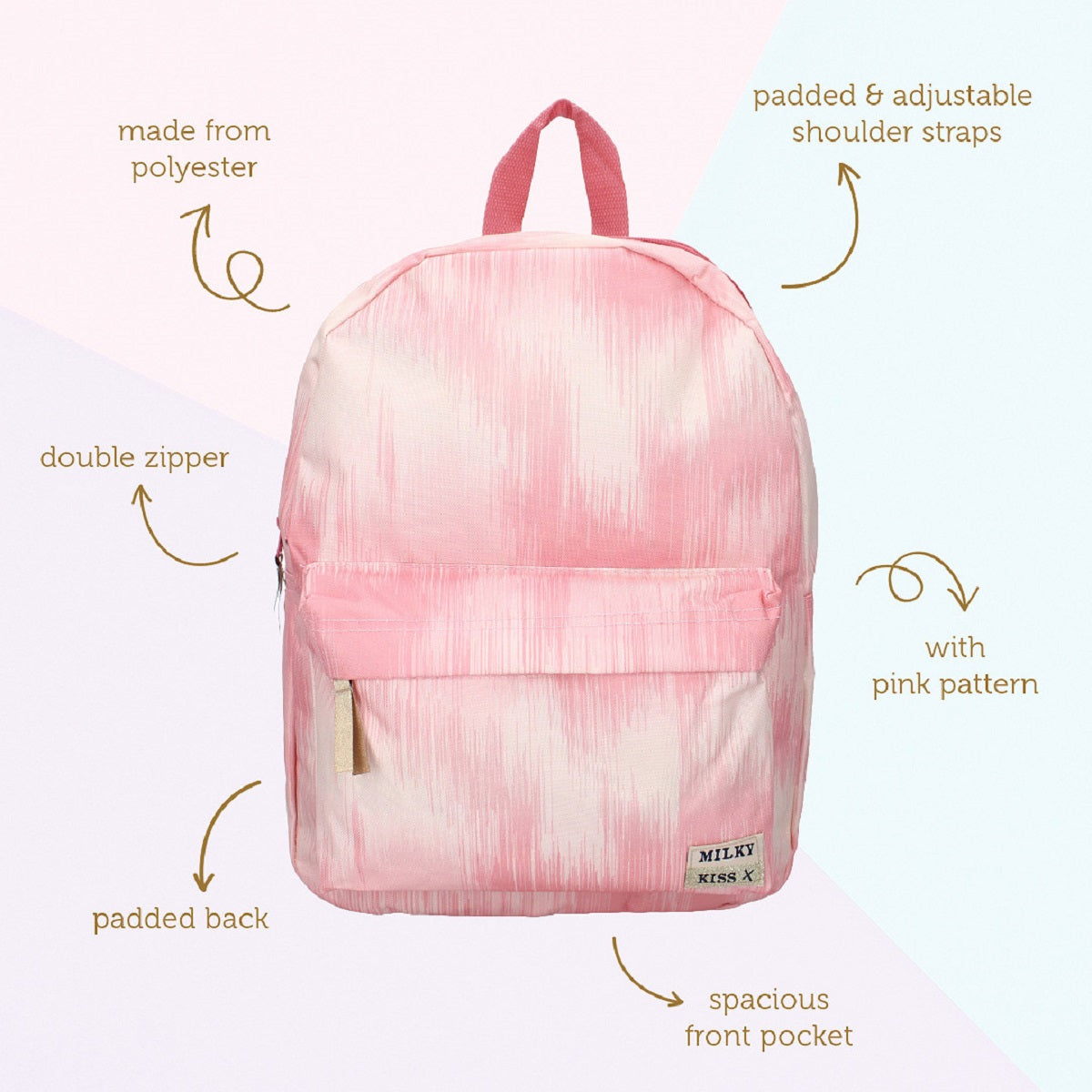 Milky Kiss Rucksack Next Level Vibes – Pinkfarbener Schulrucksack mit Reißverschlussfächern