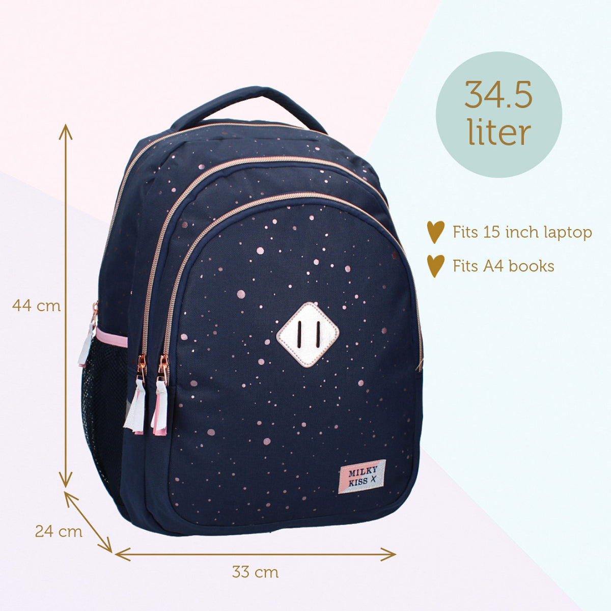 Milky Kiss Rucksack – gepolstert, 3 Fächer, rosa Punkte