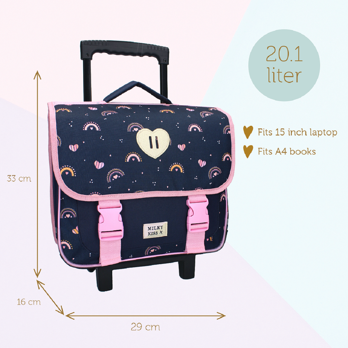 Milky Kiss Rucksack Herz mit Regenbögen und Griff Schultasche