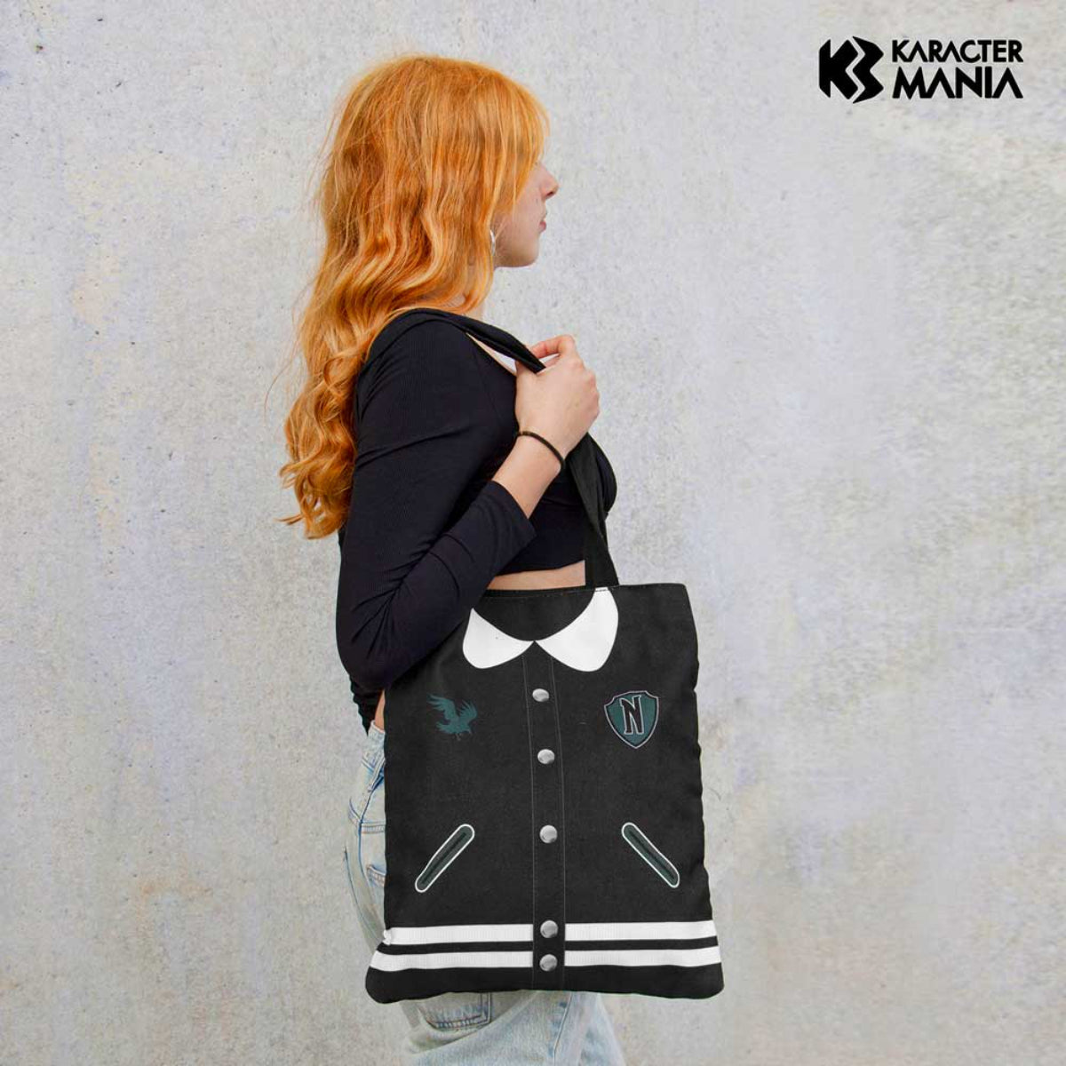 Wednesday Varsity Shopping Bag schwarz Tote Bag mit großem Hauptfach und Innenfach