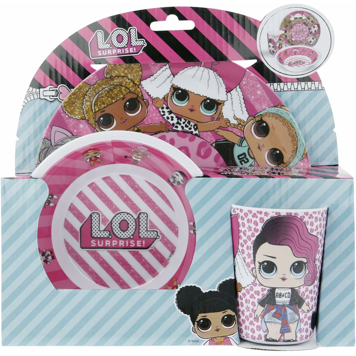 3 teiliges Lol Surprise Rock Kindergeschirr Melamin (Teller, Schüssel und Becher 260 ml)