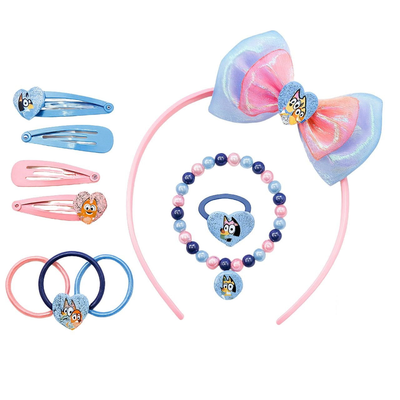 Bluey Haarschmuck-Set mit Schleife, Spangen und Armband für Mädchen
