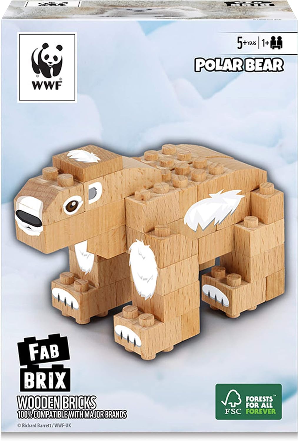 FabBrix WWF Wooden Bricks Polar Bear Holzbausteine, Klemmbausteine aus zertifiziertem Buchenholz, 100% kompatibel mit konventionellen Bausteinen