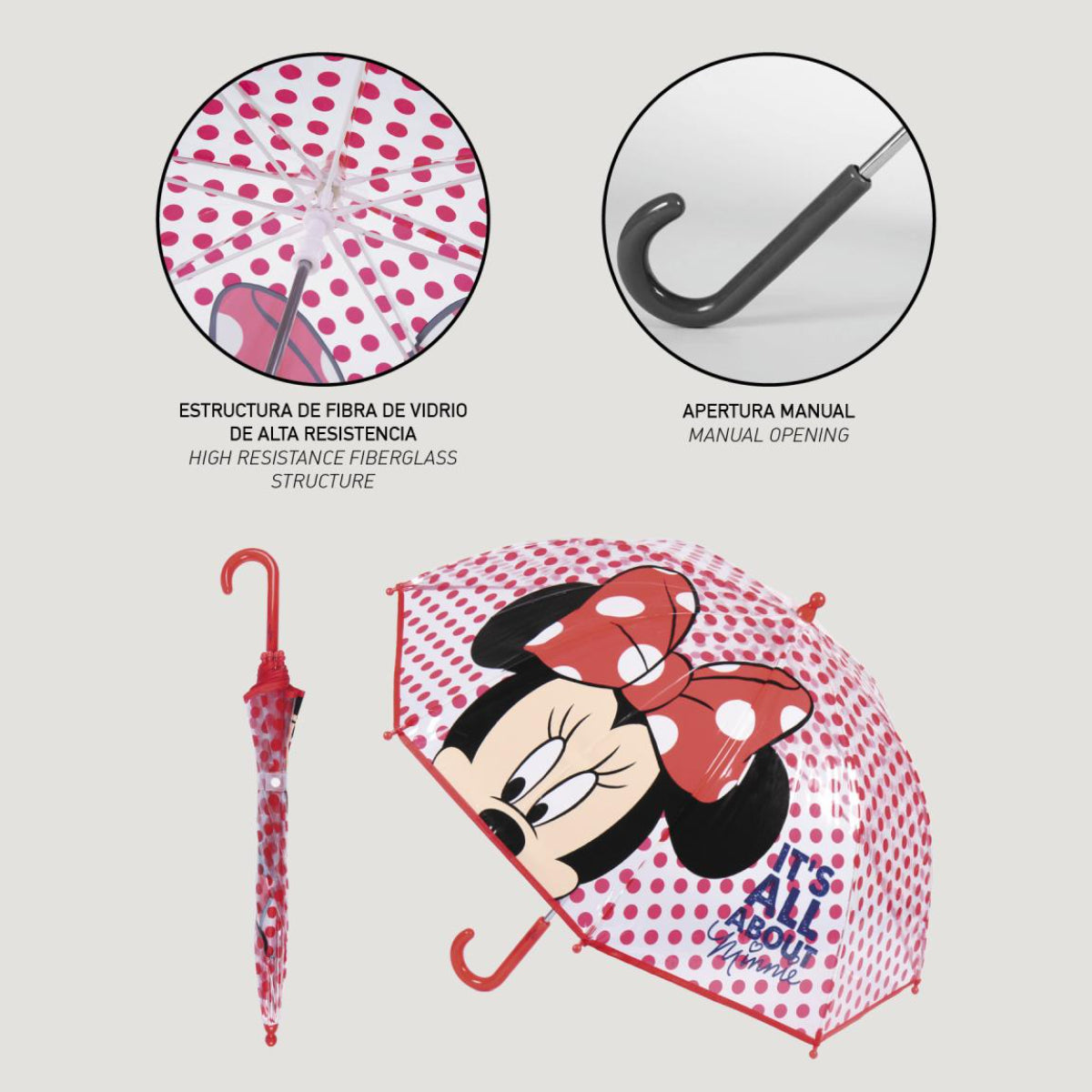 Disney Minnie Mouse Regenschirm ⌀ 71 cm Leichter Kuppel-Schirm für Regenwetter