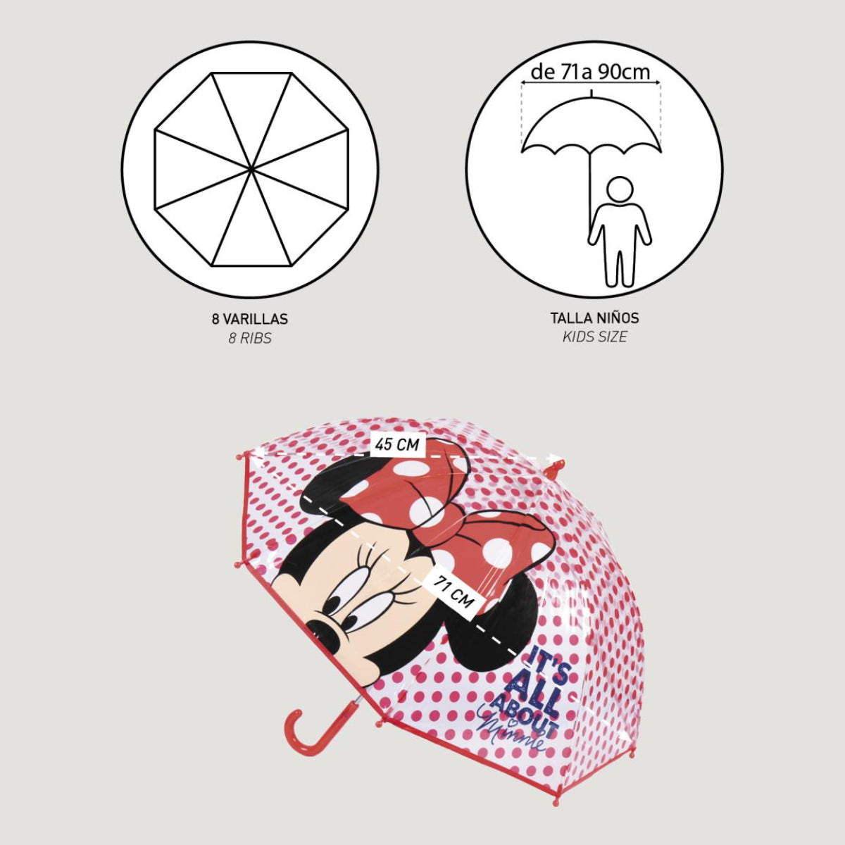 Disney Minnie Mouse Regenschirm ⌀ 71 cm Leichter Kuppel-Schirm für Regenwetter
