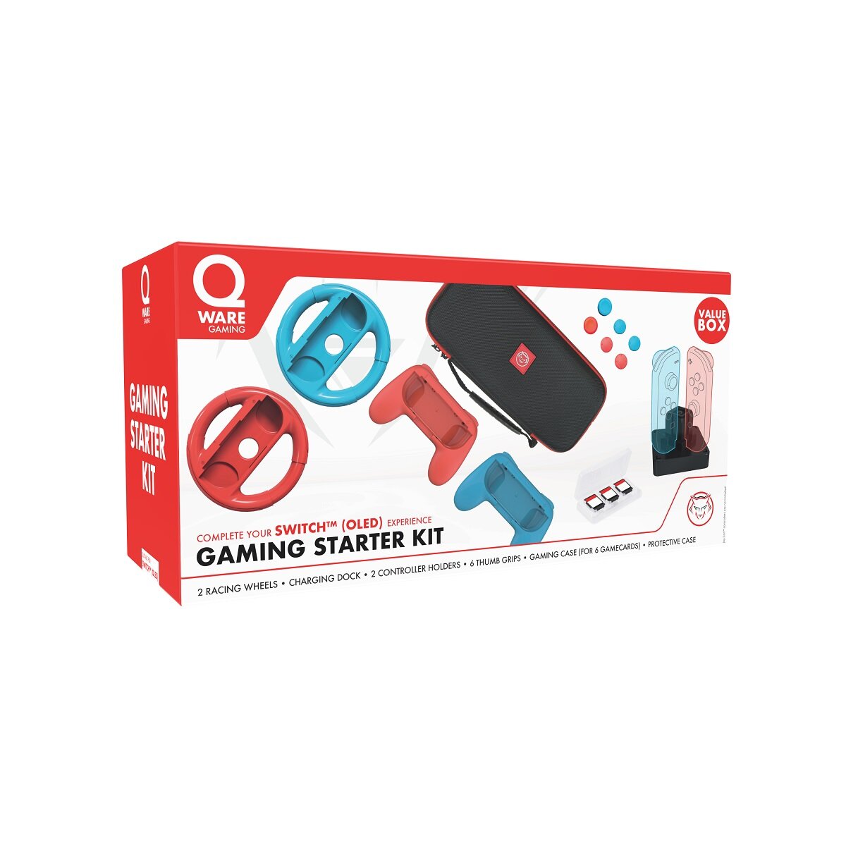 Qware accessoir set – 2 Lenkräder, 2 Controller, Ladegerät, Daumengriffe & Spielhüllen kompatibel mit Nintendo Switch