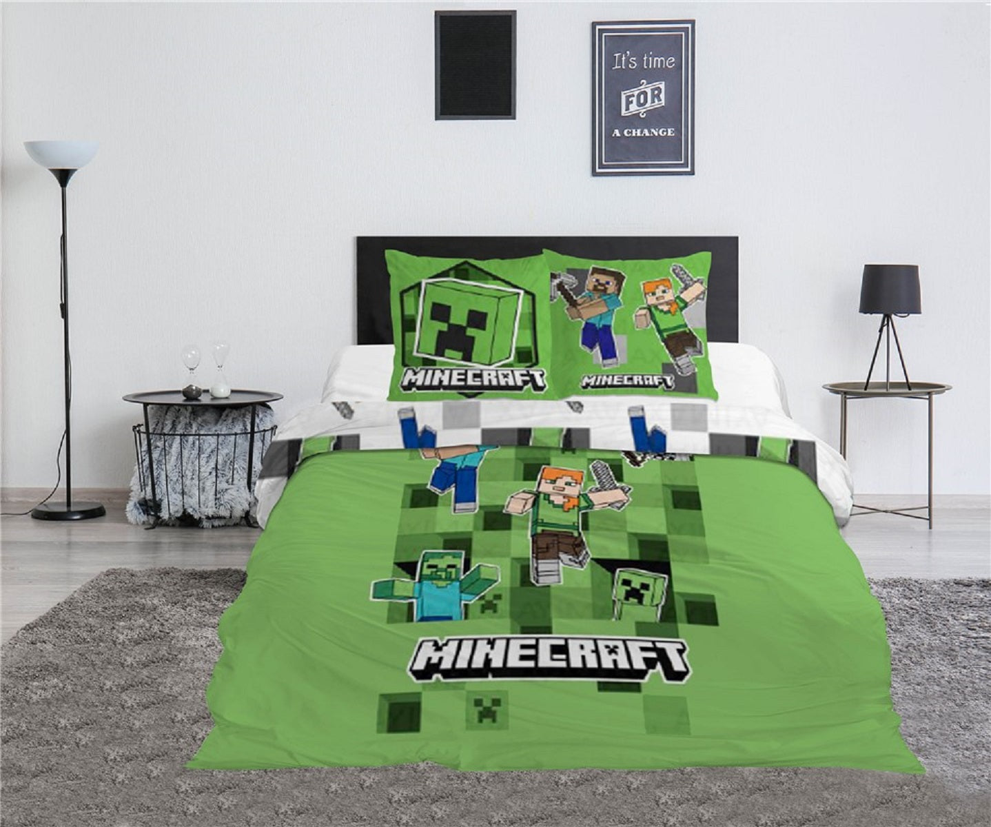 Minecraft 3-teiliges Bettwäsche-Set – 1x Deckenbezug (240x220) & 2x Kissenbezug (65x65 cm) aus Polycotton