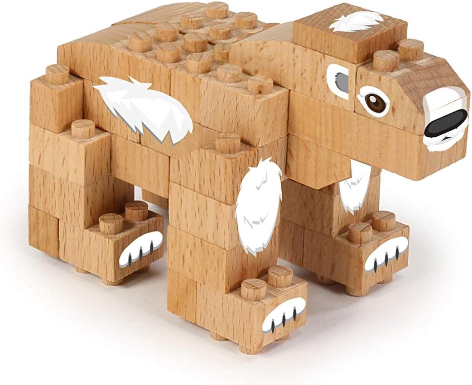 FabBrix WWF Wooden Bricks Polar Bear Holzbausteine, Klemmbausteine aus zertifiziertem Buchenholz, 100% kompatibel mit konventionellen Bausteinen