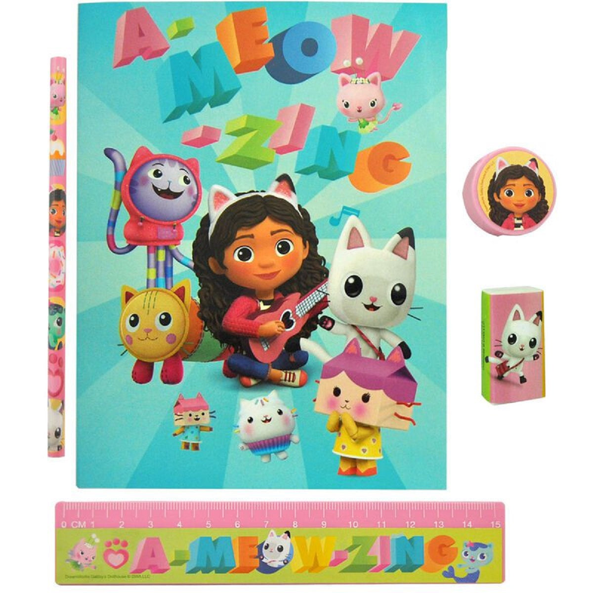 Gabby's Dollhouse Schreibset für Kinder – Notizbuch, Aufkleber, Stift, Radiergummi & Zettelblock