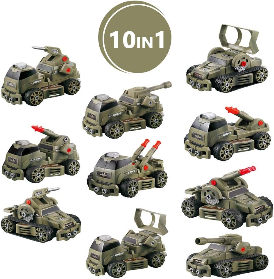 10-in-1 75 teiliges Zerlegbare Spezialkräft Militärische Fahrzeuge mit Reibungsantrieb DIY Montage Spielset mit Aufbewahrungsbox und manuellem Schraubendreher inklusive