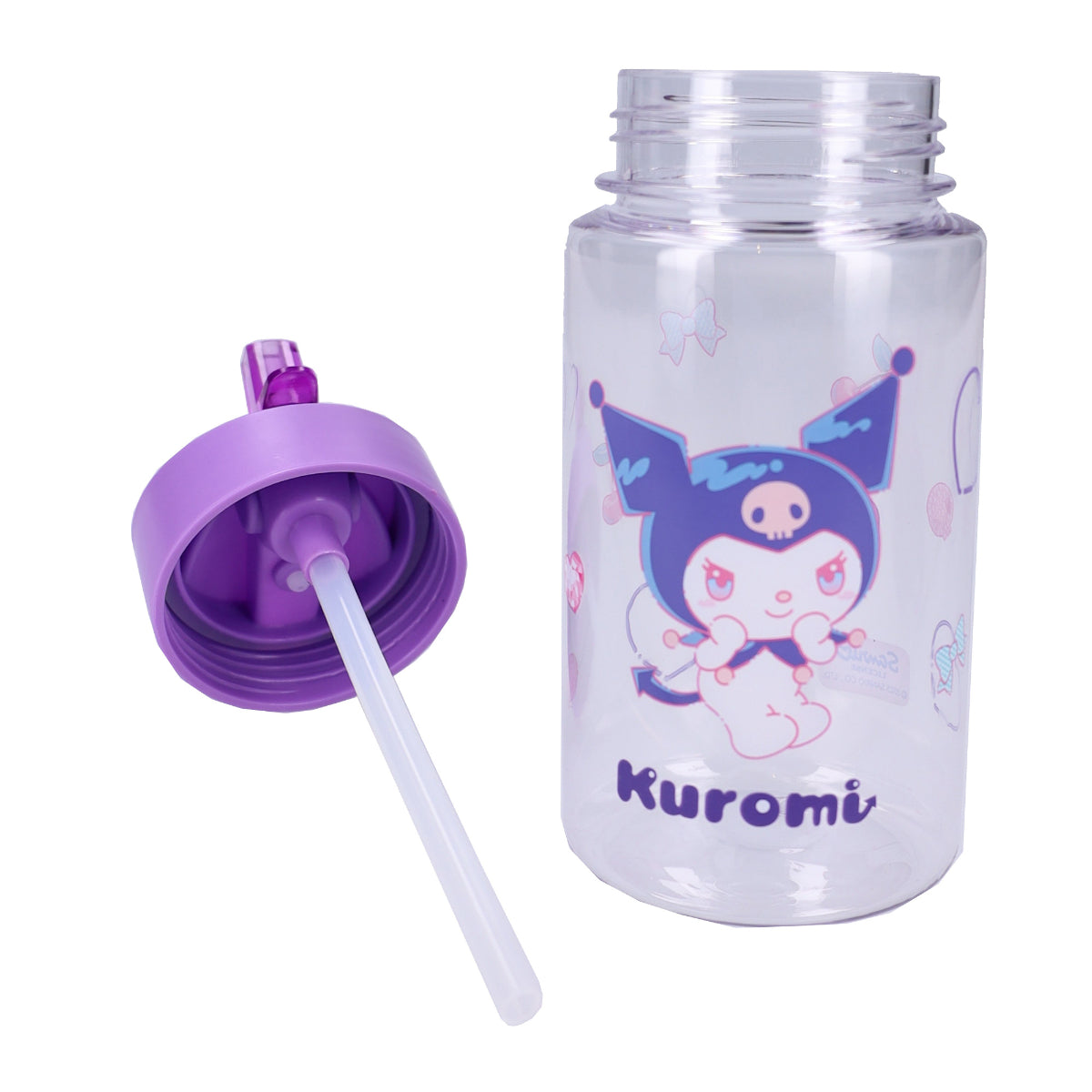 Hello Kitty Kuromi Trinkflasche 450 ml transparent mit Klappdeckel und Strohhalm