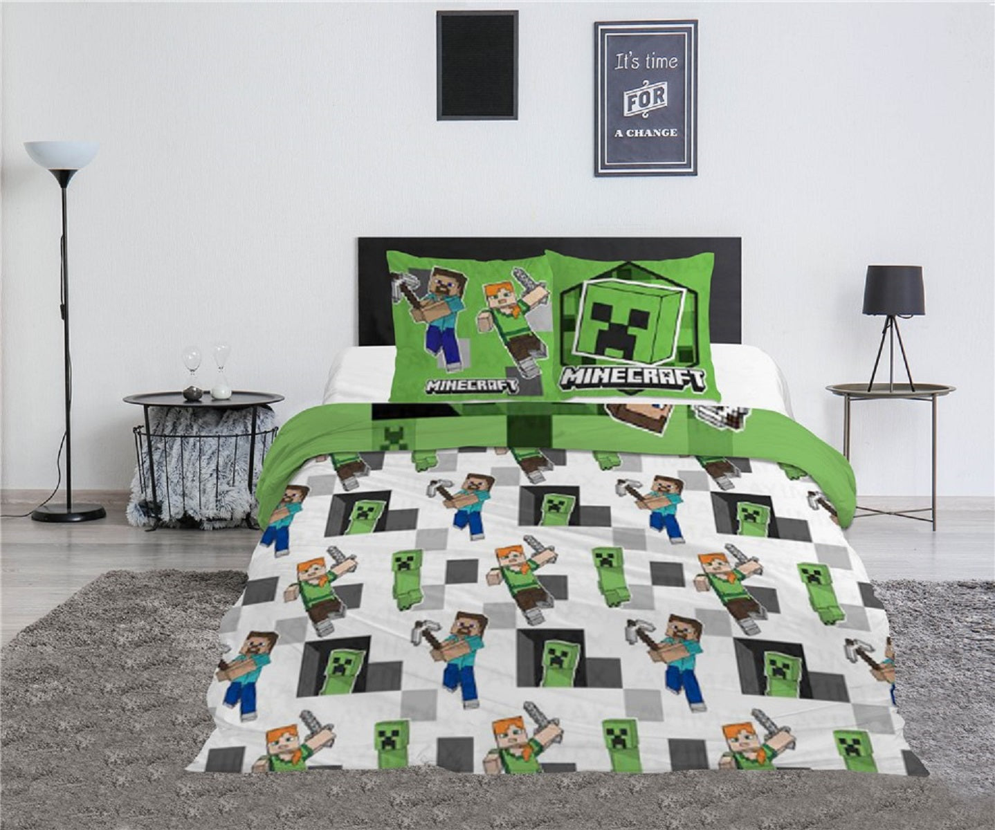 Minecraft 3-teiliges Bettwäsche-Set – 1x Deckenbezug (240x220) & 2x Kissenbezug (65x65 cm) aus Polycotton