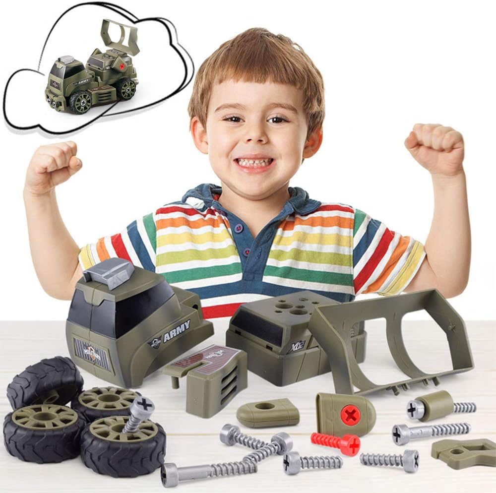 10-in-1 75 teiliges Zerlegbare Spezialkräft Militärische Fahrzeuge mit Reibungsantrieb DIY Montage Spielset mit Aufbewahrungsbox und manuellem Schraubendreher inklusive