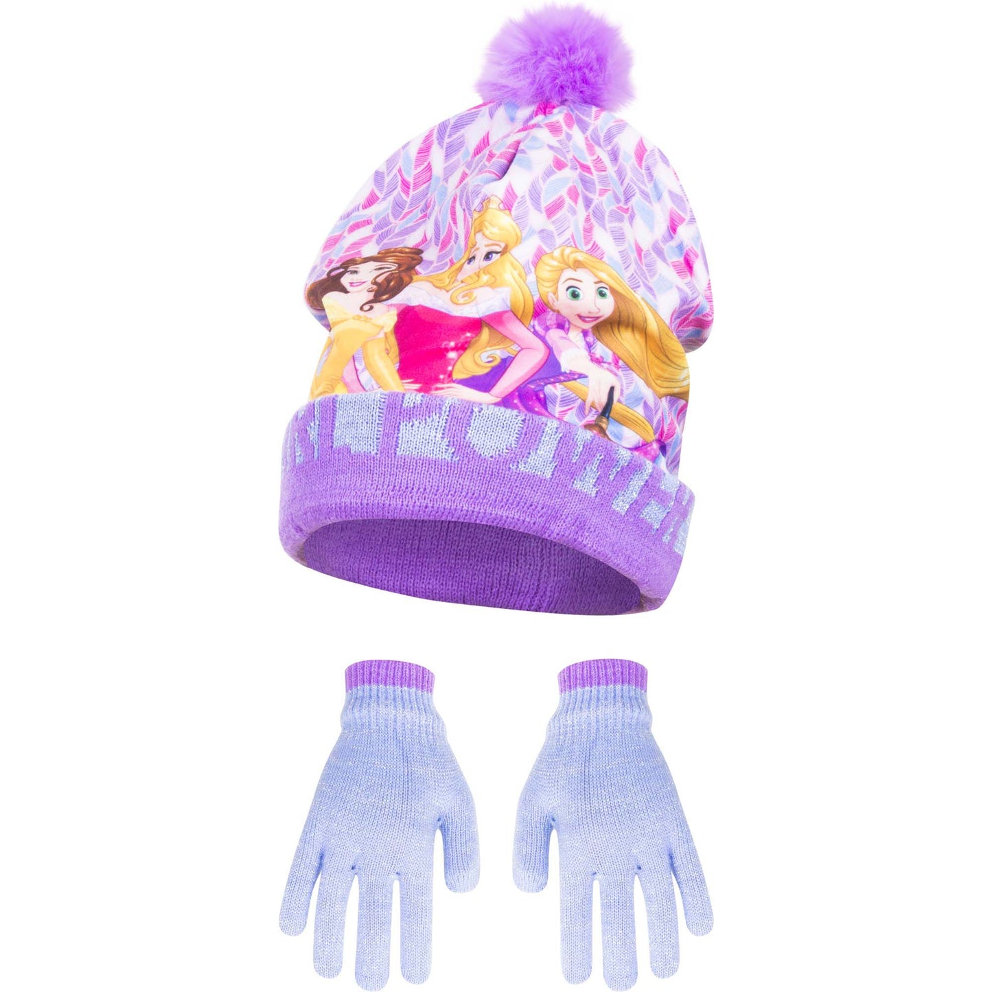 Disney Prinzessin Mütze mit Pompon und passenden Handschuhen für Kinder