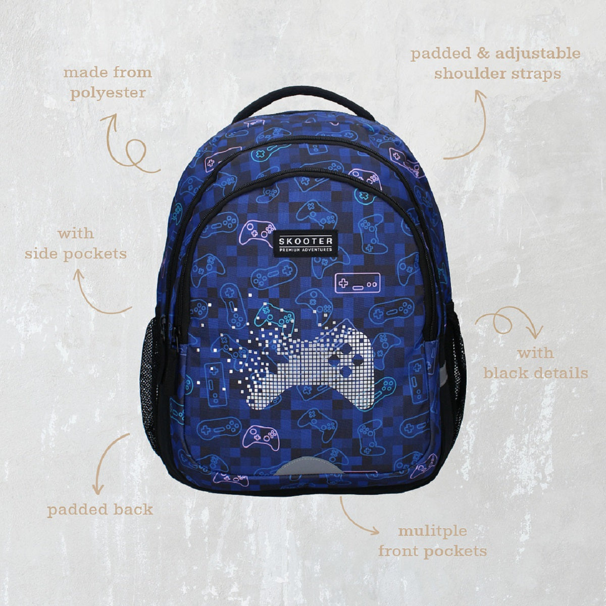 Skooter Schulrucksack Jungen – Gamer Rucksack mit Game-Motiv & 2 Fronttaschen