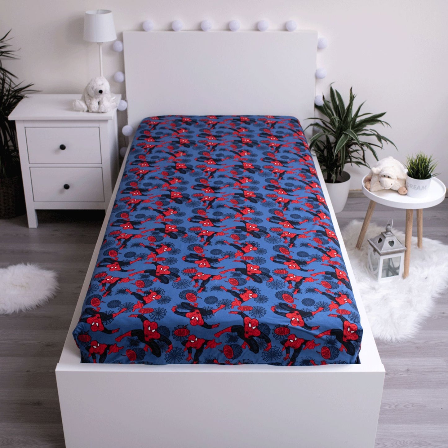 Spiderman Spannbetttuch – Baumwoll-Bettlaken für Kinderbett (90x200 + 25 cm)