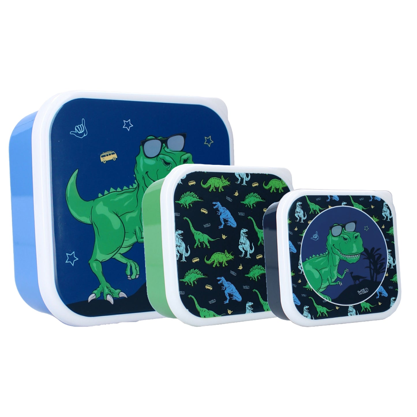 Prêt Snackbox Brotdose 3-in-1 – Dino Design, stapelbare Behälter für Kinder
