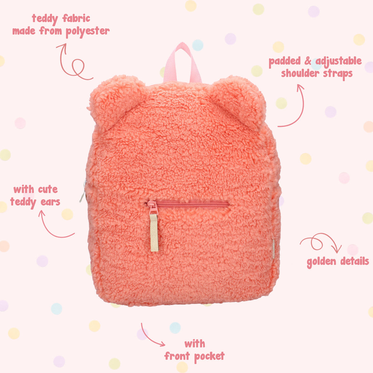 Prêt Kinderrucksack Teddy – Weicher Tagesrucksack in Peach mit verstellbaren Trägern