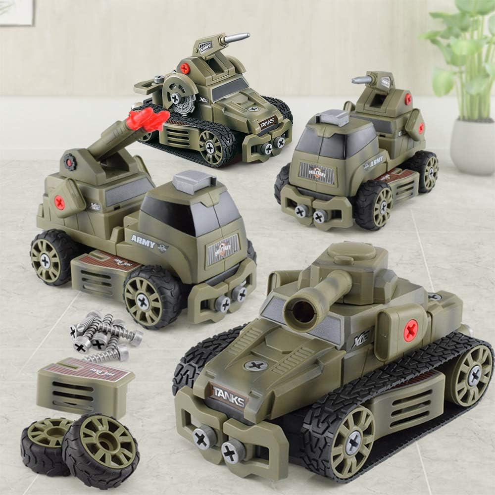 10-in-1 75 teiliges Zerlegbare Spezialkräft Militärische Fahrzeuge mit Reibungsantrieb DIY Montage Spielset mit Aufbewahrungsbox und manuellem Schraubendreher inklusive