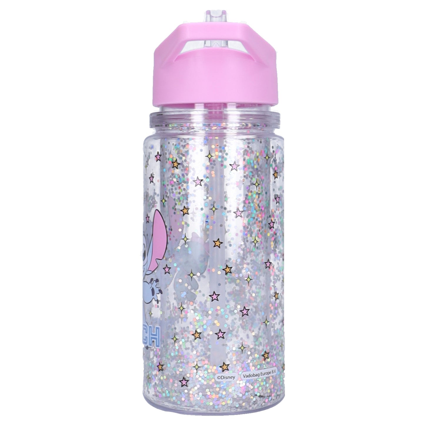 Disney Lilo & Stitch Trinkflasche Kinder 300 ml mit Strohhalm Glitzer Flasche und Griff