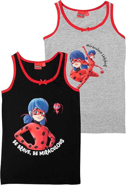 United Labels Miraculous Unterhemd für Mädchen - Ladybug Kinder Tank Top Hemdchen Unterwäsche Schwarz/Grau (2er Pack)