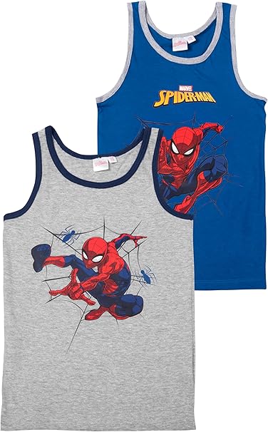 Marvel Spiderman Unterhemd für Jungen - Kinder Tank Top Hemdchen Unterwäsche Grau/Blau (2er Pack)