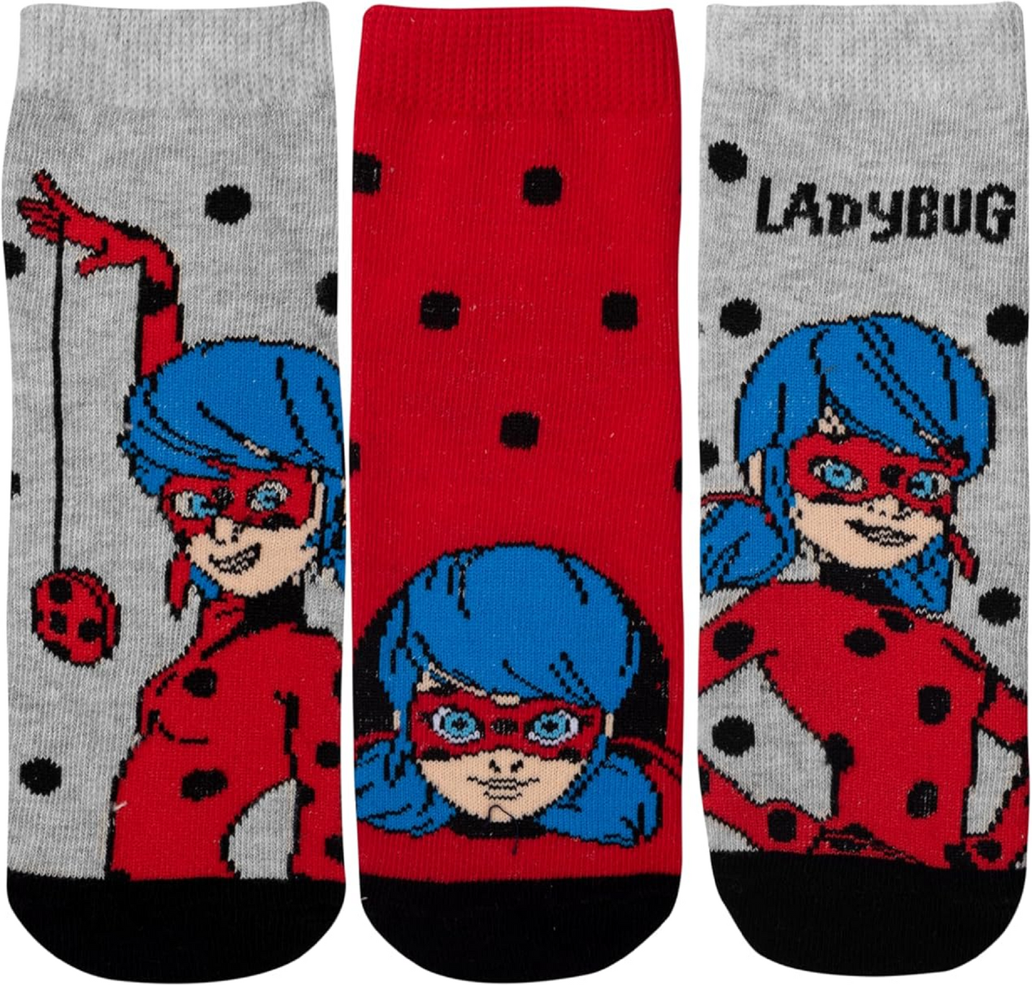 Miraculous Ladybug Socken für Mädchen - Kinder Sneaker Kindersocken Söckchen Rot Grau (3er Pack)
