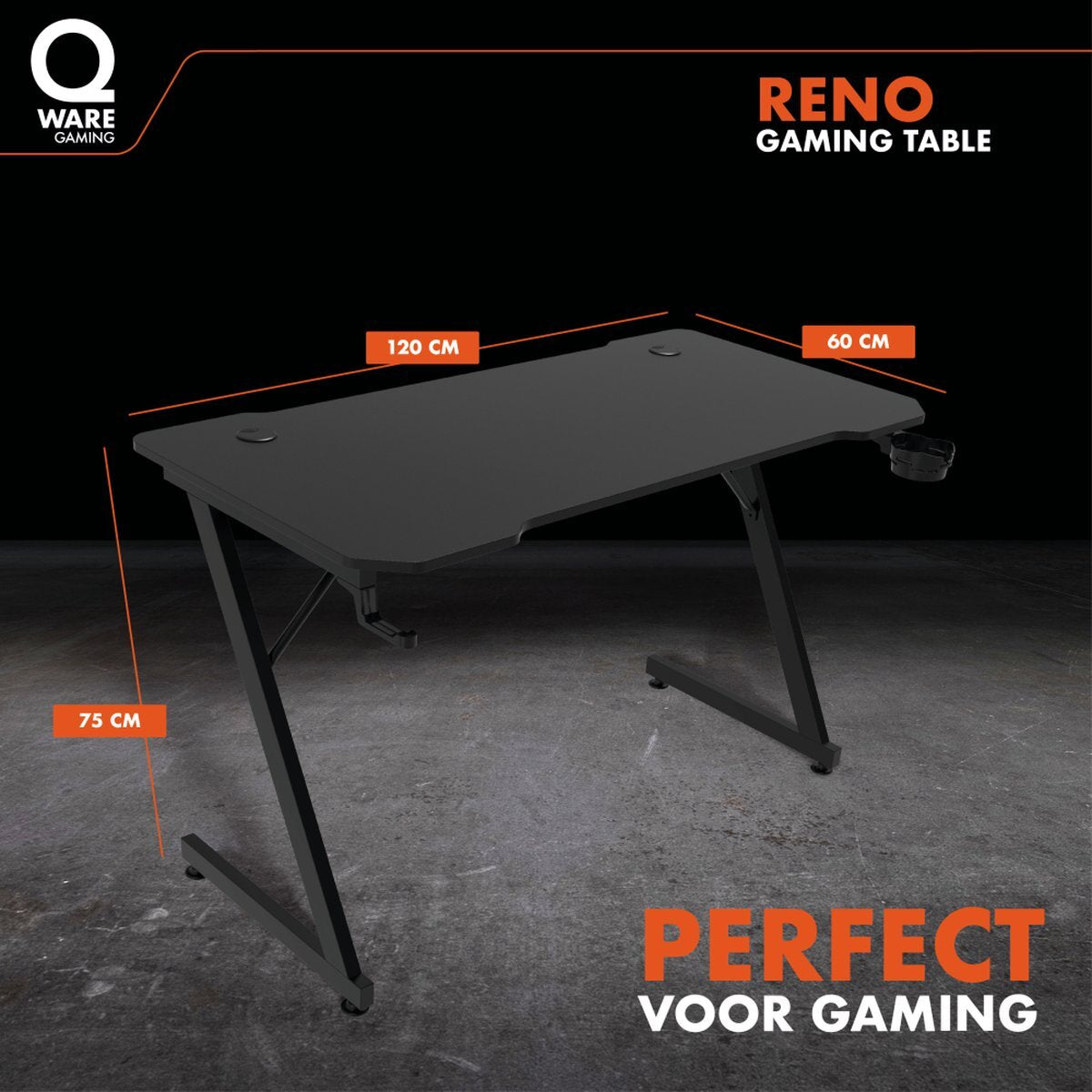 Qware Gaming Tisch Reno – 120 cm Gamer-Tisch in Schwarz mit Praktischem Design
