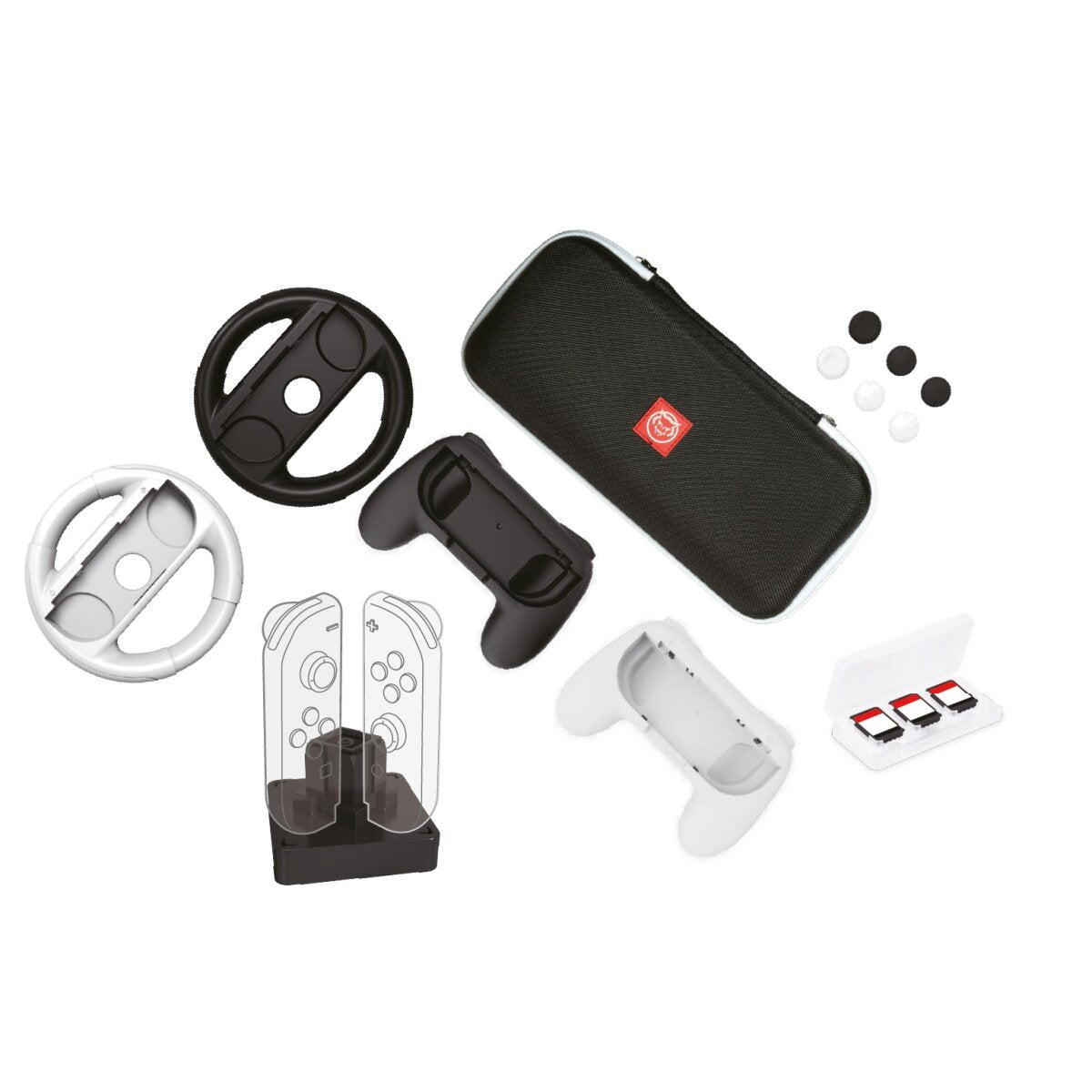 Qware accessoir set – 2 Lenkräder, 2 Controller, Ladegerät, Daumengriffe & Spielhüllen kompatibel mit Nintendo Switch