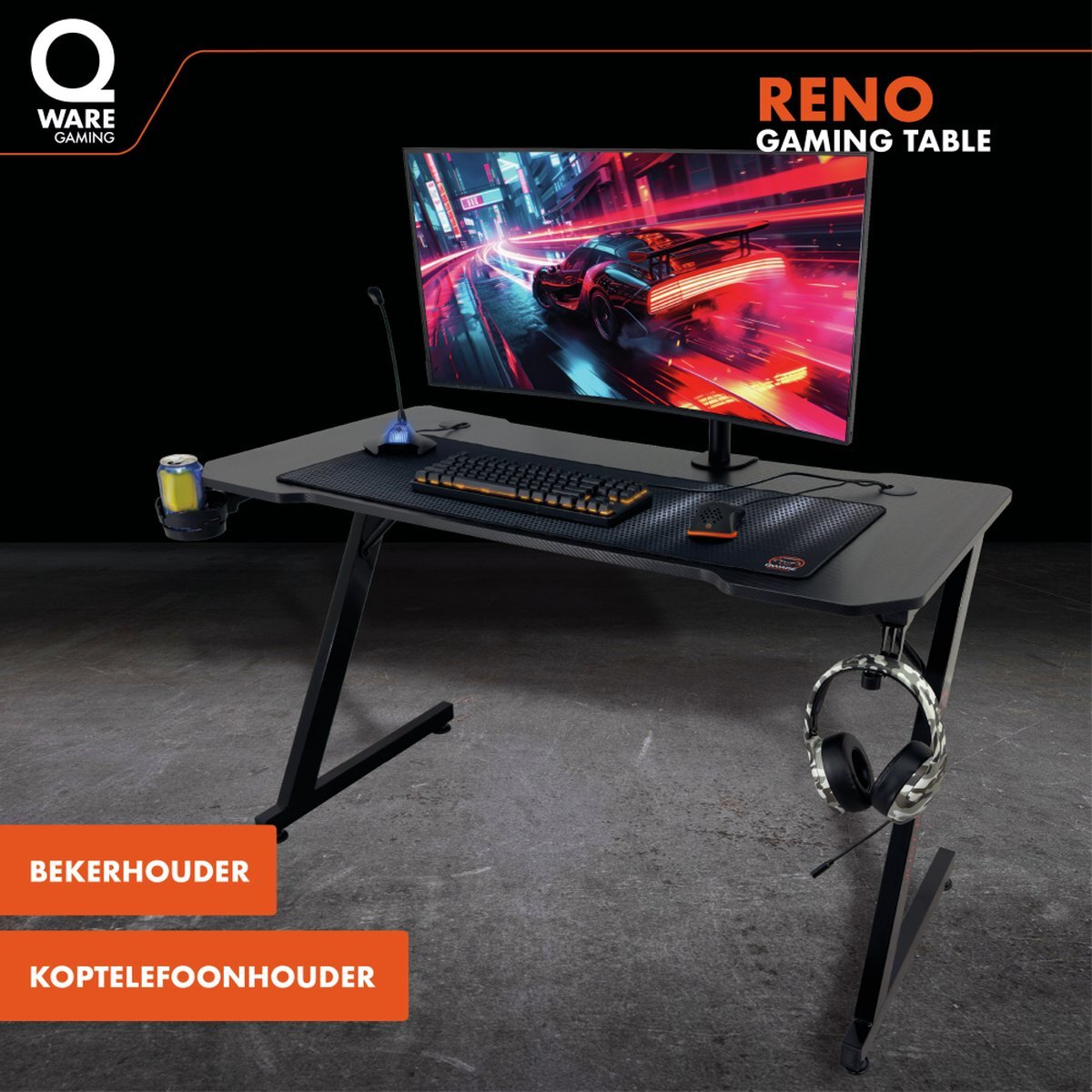 Qware Gaming Tisch Reno – 120 cm Gamer-Tisch in Schwarz mit Praktischem Design