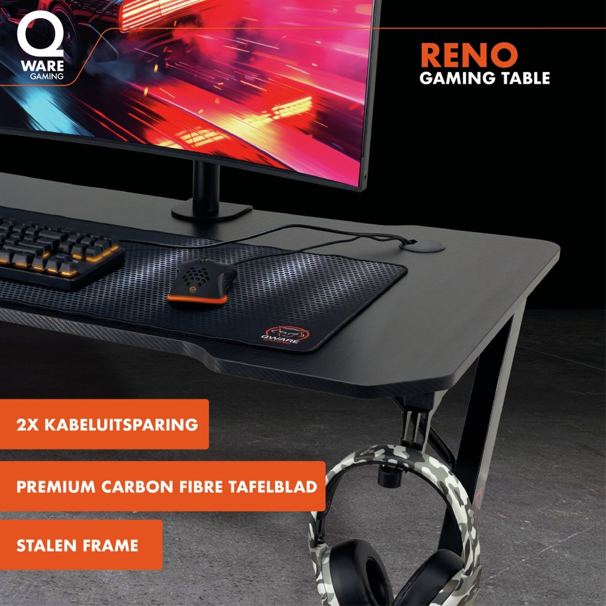 Qware Gaming Tisch Reno – 120 cm Gamer-Tisch in Schwarz mit Praktischem Design
