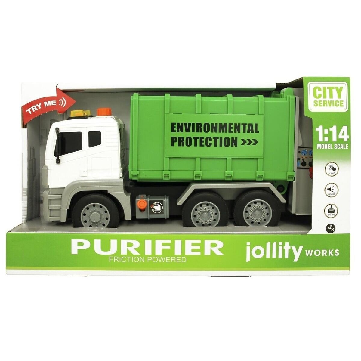 Jollity Works Garbage Truck Spielzeug LKW mit Effekten Licht- und Sound Truck