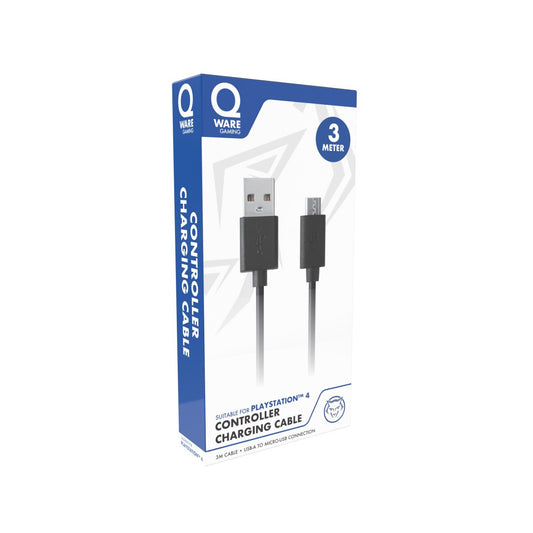Qware USB Kabel 3m – Ladekabel kompatibel mit PlayStation 4 für unterbrechungsfreies Gaming