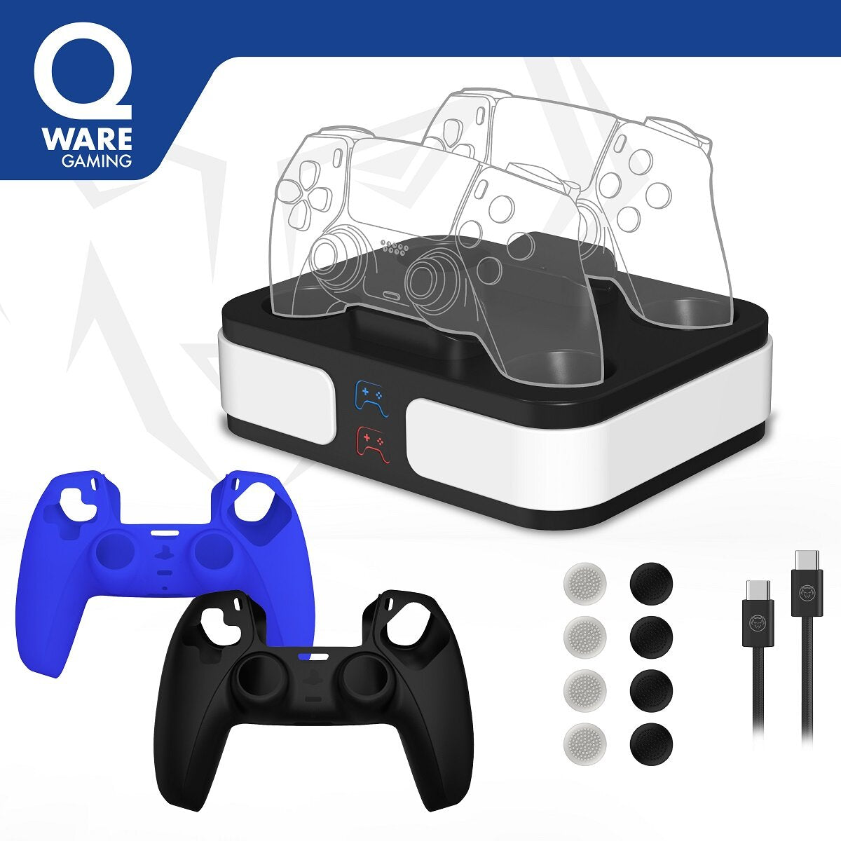 Qware Gaming Set – Fast-Charger, Thumb Grips & Silikonhüllen kompatibel mit PlayStation 5