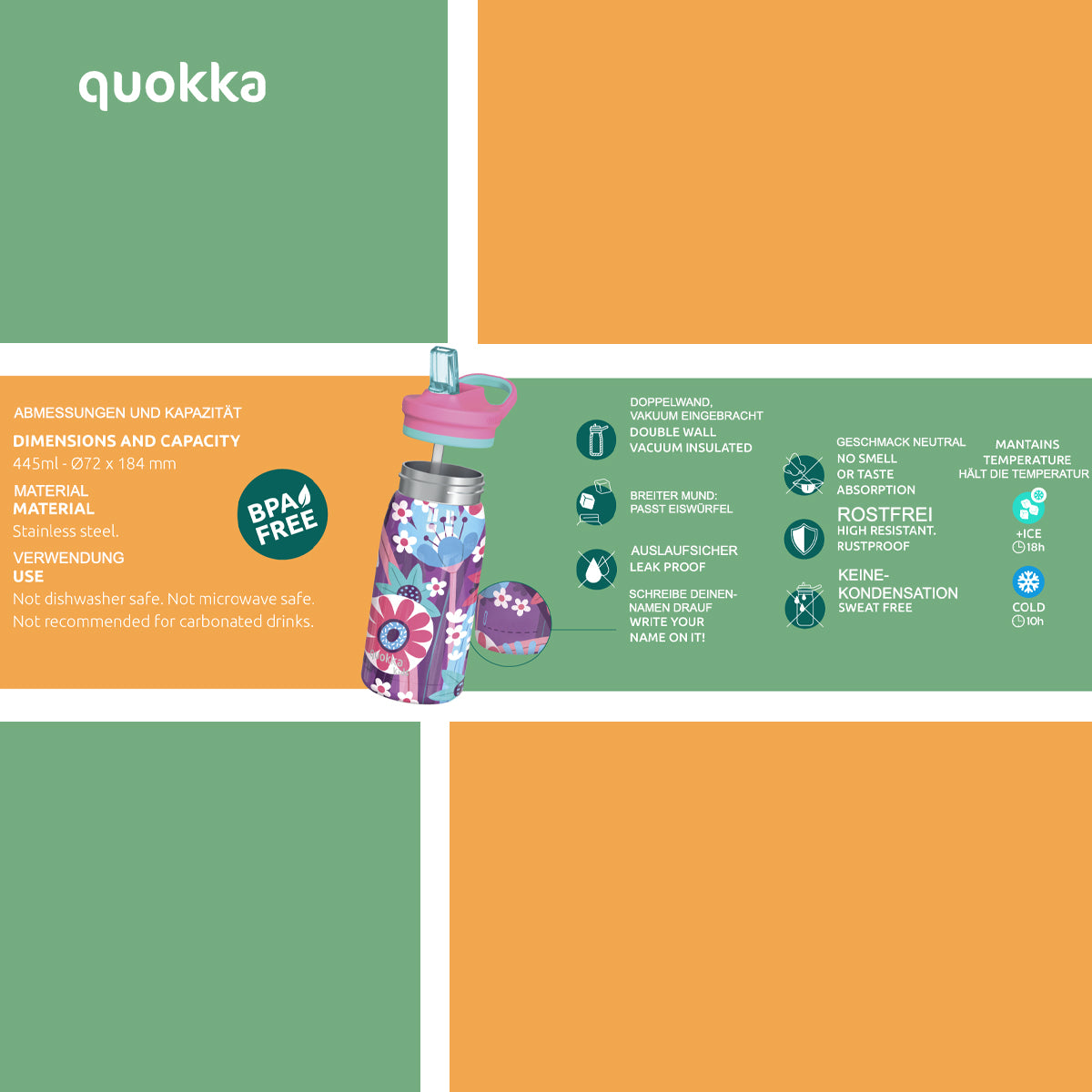 Quokka Pop Kids Trinkflasche SAFARI 445 ml mit Trinkhalm & Tragekupplung