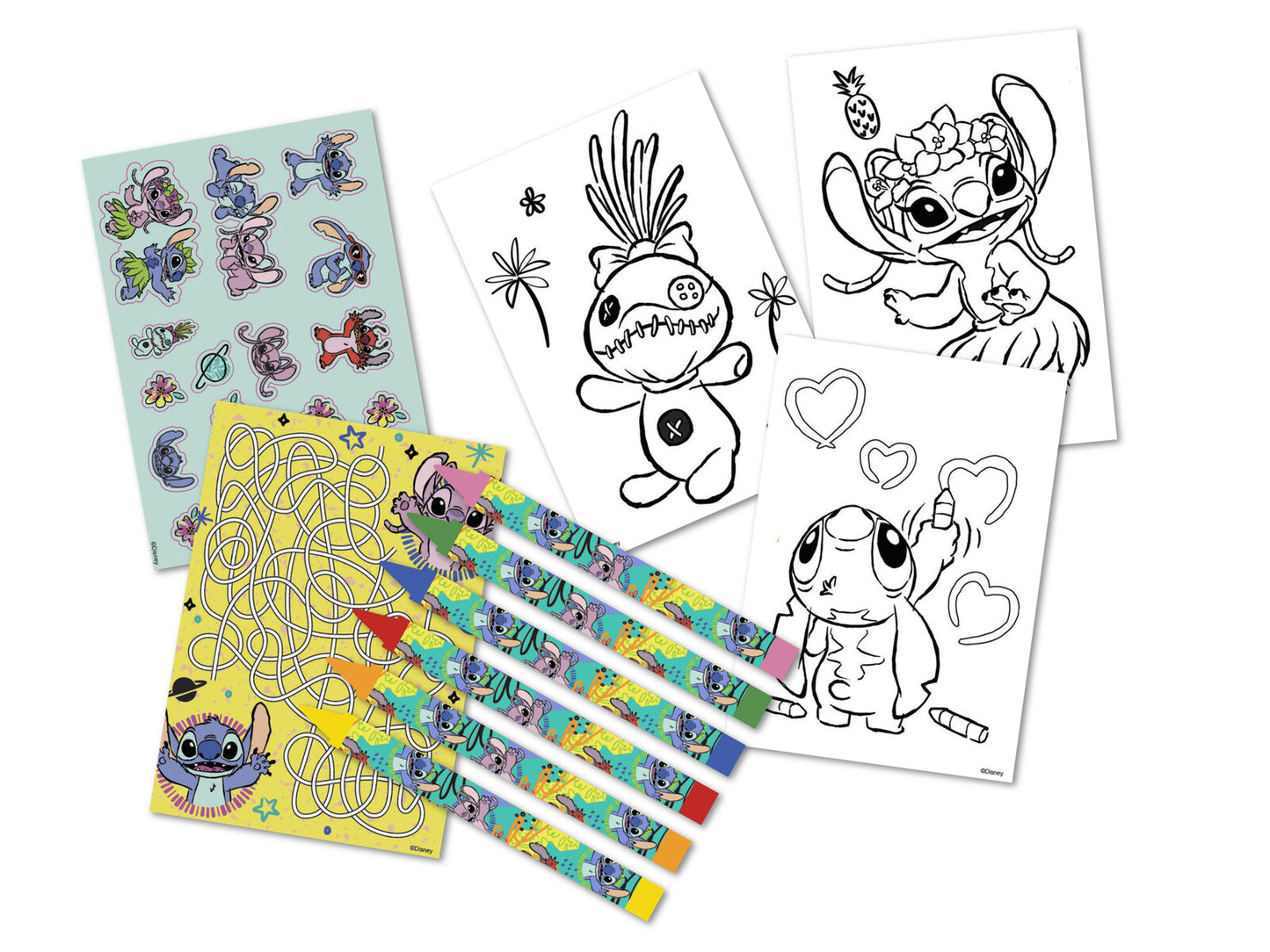 Disney Lilo & Stitch Malset für Kinder mit 12 Malblättern, 6 Buntstiften, Labyrinth und Aufklebern