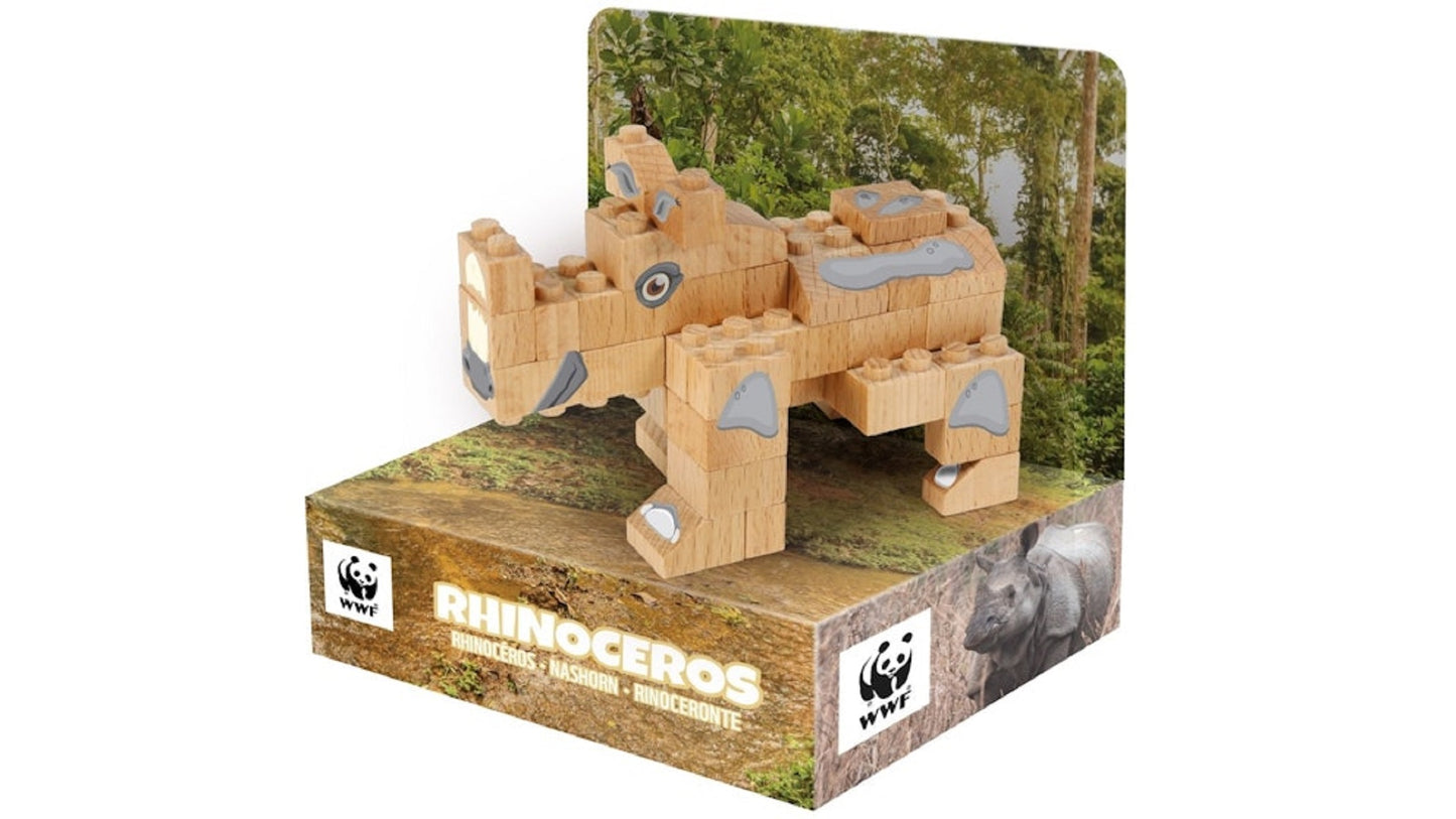 FabBrix WWF Wooden Bricks Rhino Holzbausteine, Klemmbausteine aus zertifiziertem Buchenholz, 100% kompatibel mit konventionellen Bausteinen