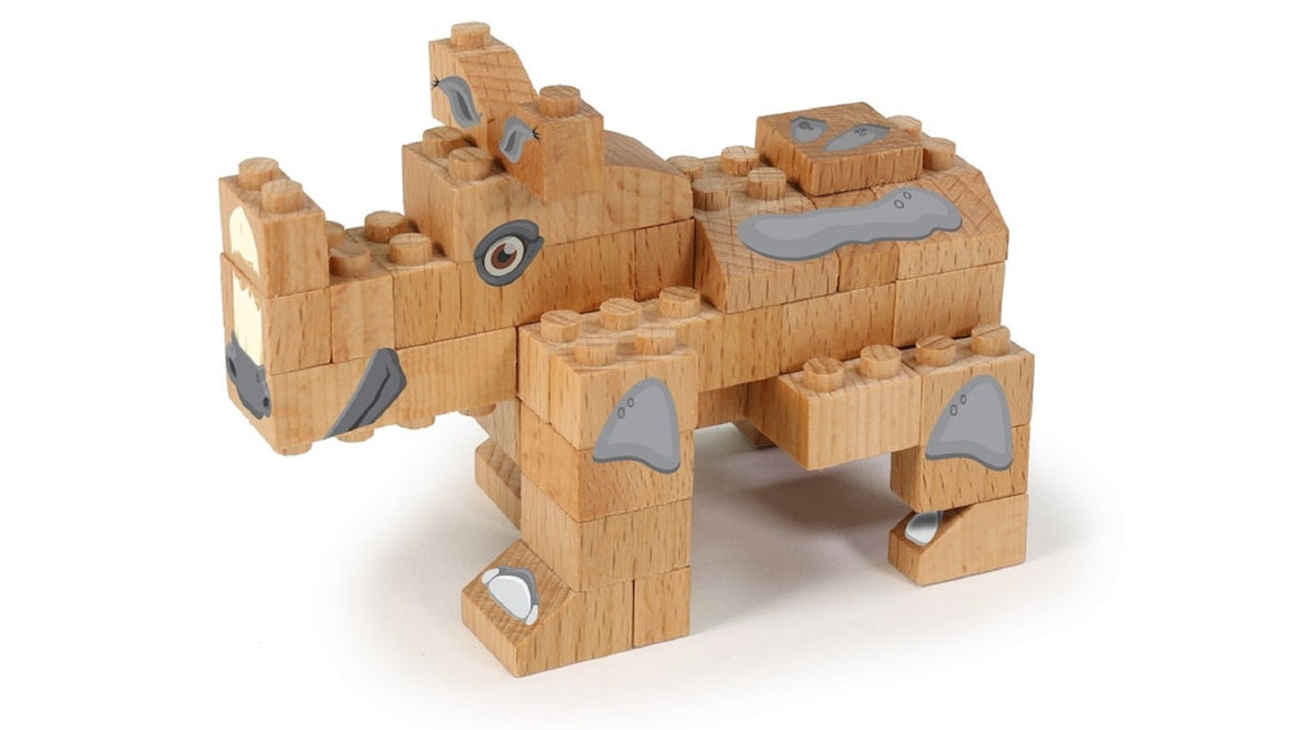 FabBrix WWF Wooden Bricks Rhino Holzbausteine, Klemmbausteine aus zertifiziertem Buchenholz, 100% kompatibel mit konventionellen Bausteinen