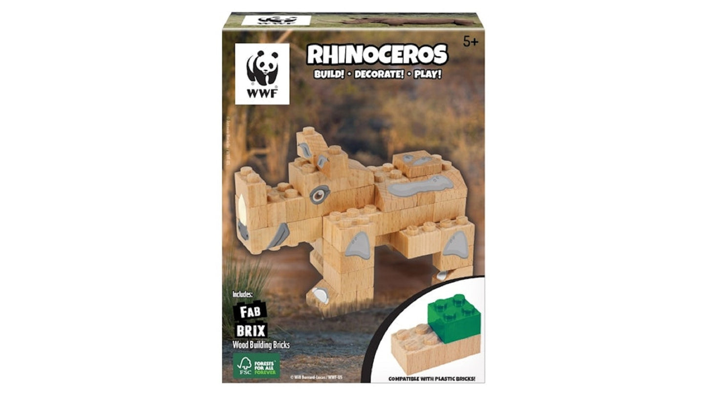 FabBrix WWF Wooden Bricks Rhino Holzbausteine, Klemmbausteine aus zertifiziertem Buchenholz, 100% kompatibel mit konventionellen Bausteinen