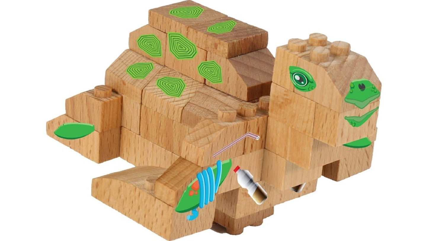 FabBrix WWF Wooden Bricks Sea turtle Holzbausteine, Klemmbausteine aus zertifiziertem Buchenholz, 100% kompatibel mit konventionellen Bausteinen