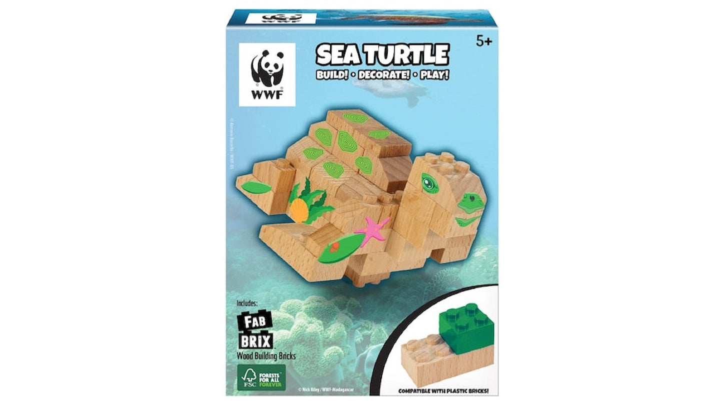 FabBrix WWF Wooden Bricks Sea turtle Holzbausteine, Klemmbausteine aus zertifiziertem Buchenholz, 100% kompatibel mit konventionellen Bausteinen