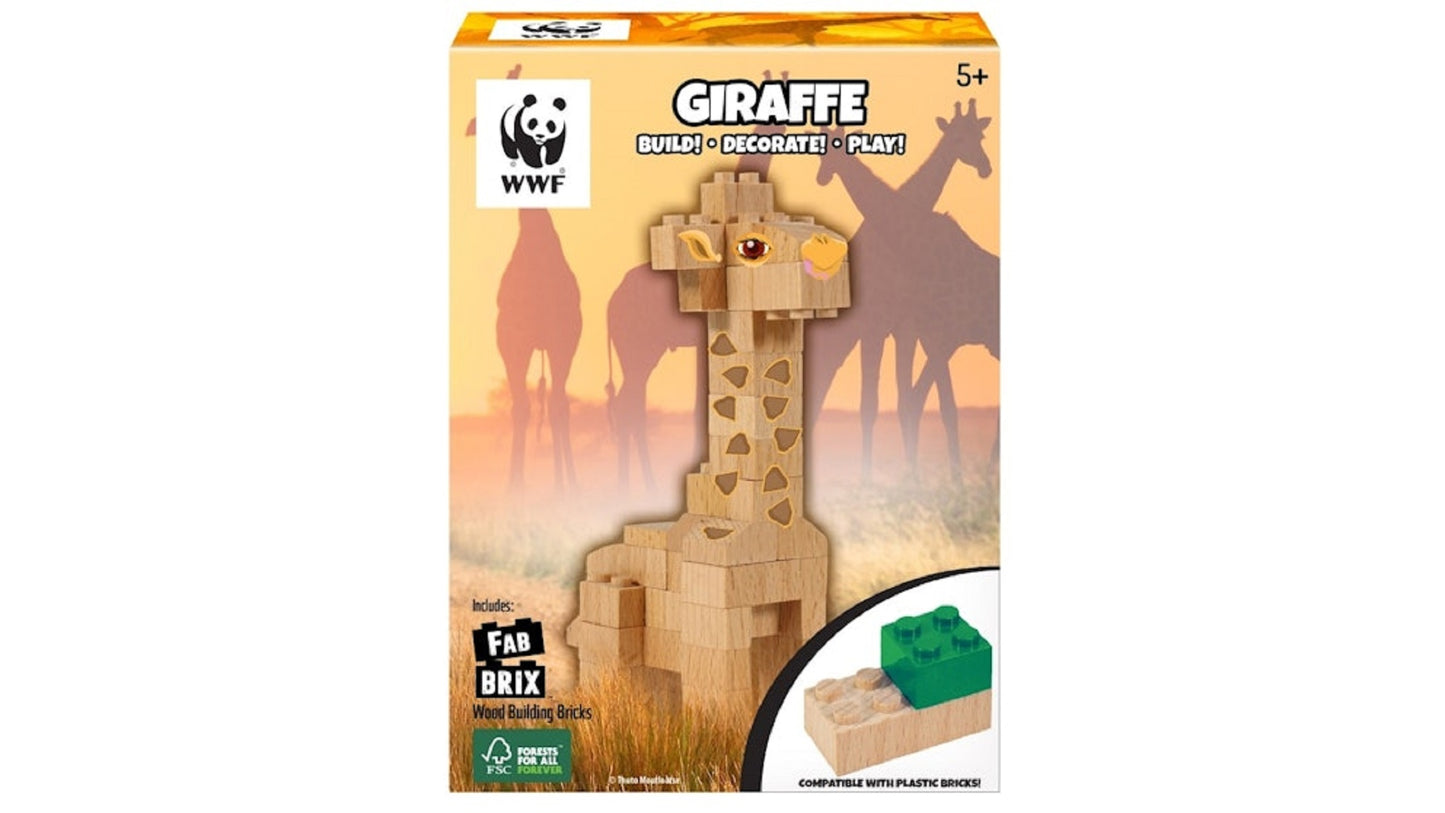 FabBrix WWF Wooden Bricks Giraffe Holzbausteine, Klemmbausteine aus zertifiziertem Buchenholz, 100% kompatibel mit konventionellen Bausteinen