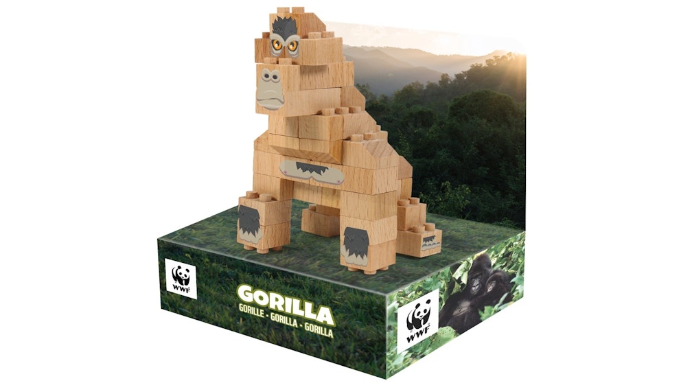 FabBrix WWF Wooden Bricks Gorila Holzbausteine, Klemmbausteine aus zertifiziertem Buchenholz, 100% kompatibel mit konventionellen Bausteinen