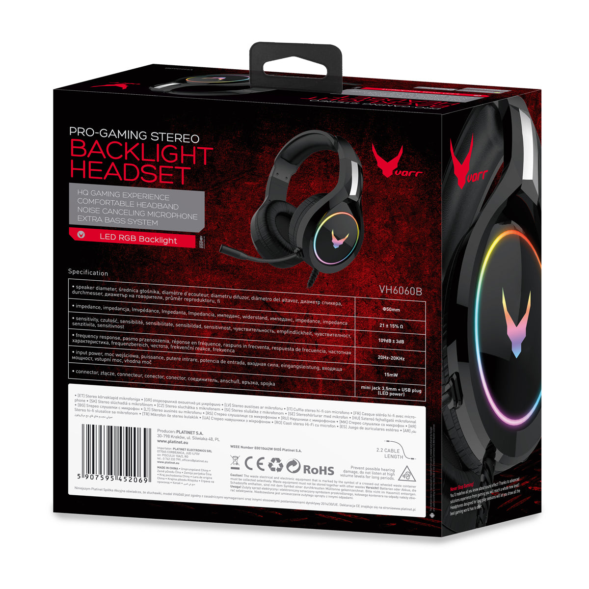 VARR VH6060 RGB Gaming-Headset mit Mikrofon, 50-mm-Treiber, Schwarz