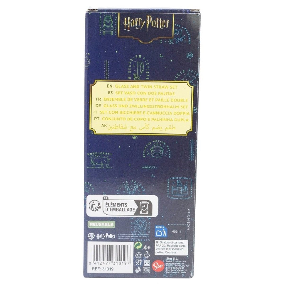 Harry Potter Glas 480 ml mit 2 Edelstahl Trinkhalmen