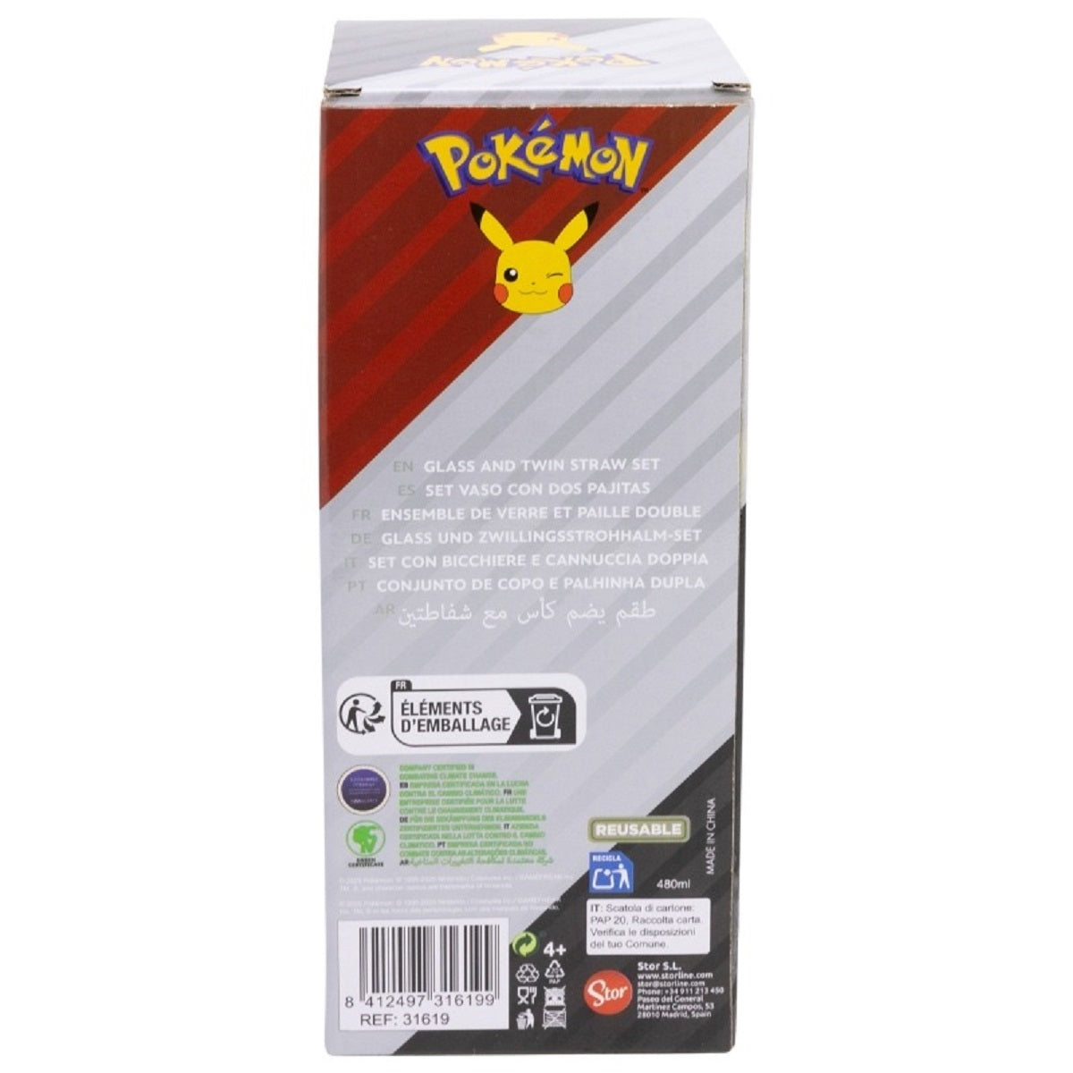 Pokemon Glas 480 ml mit 2 Edelstahl Trinkhalmen