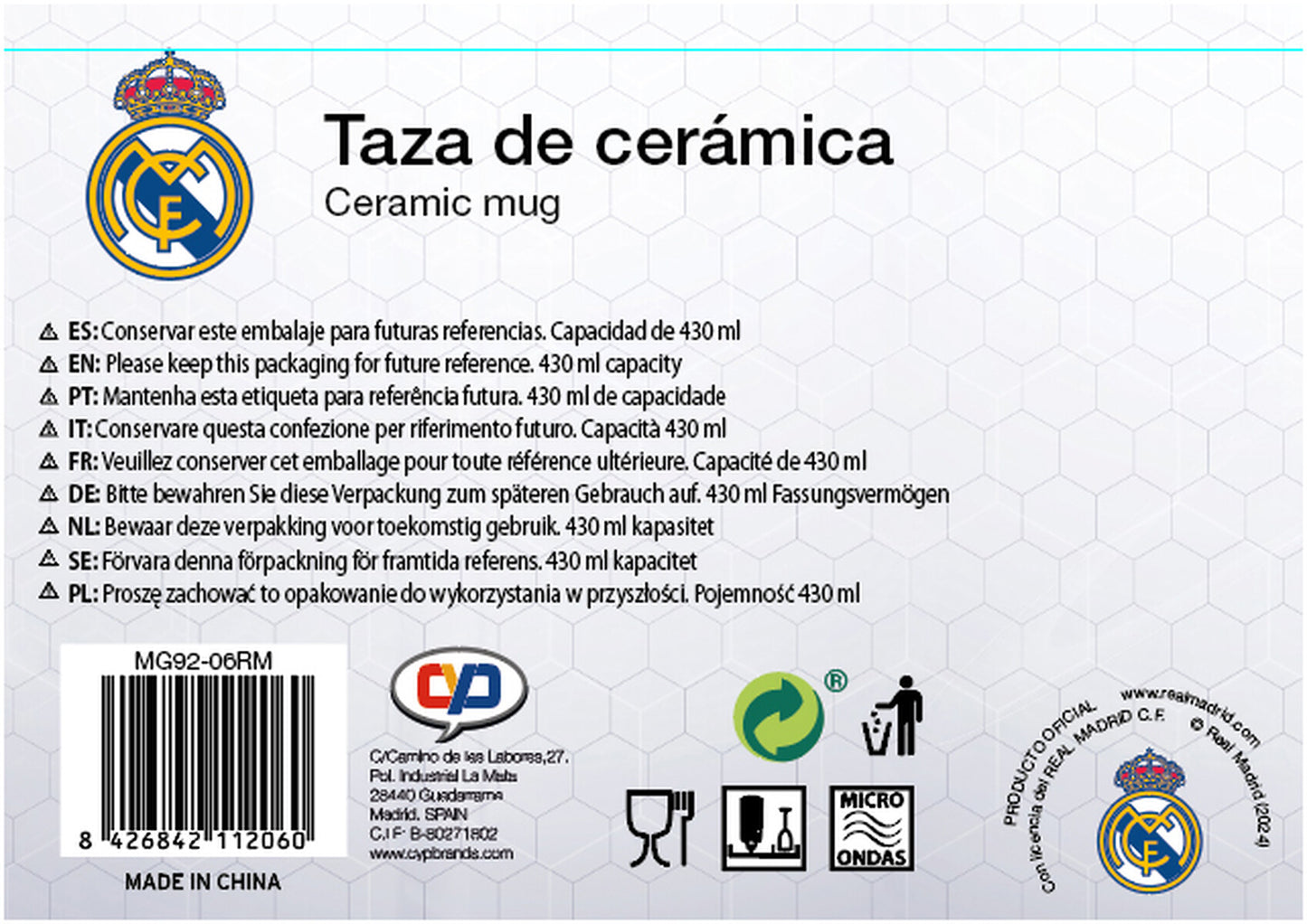 Real Madrid Kaffeetasse Jumbo 430 ml Becher Frühstückstasse Geschenk