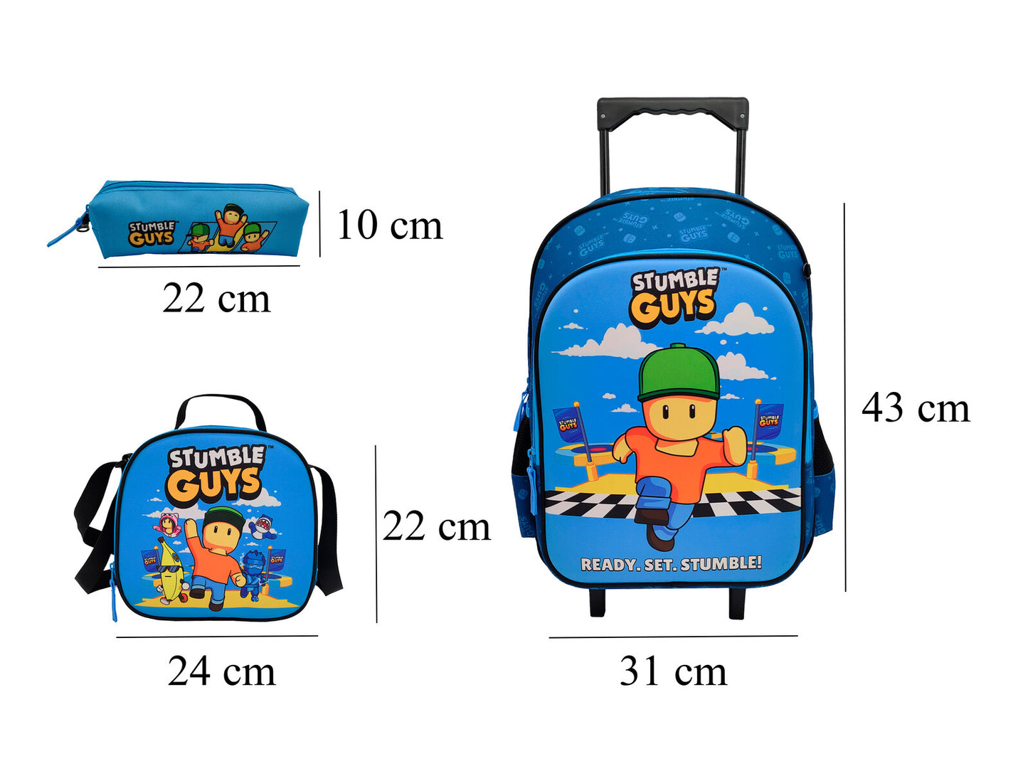 Stumble Guys Schulset 3 tlg Trolley Rucksack Etui Lunchbag Schule 43 cm