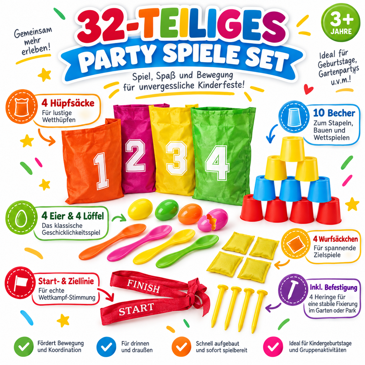 Partyset Kinder Outdoor Spiele 32-teilig mit Klassikern Sackhüpfen Eierlaufen und Dosenwerfen